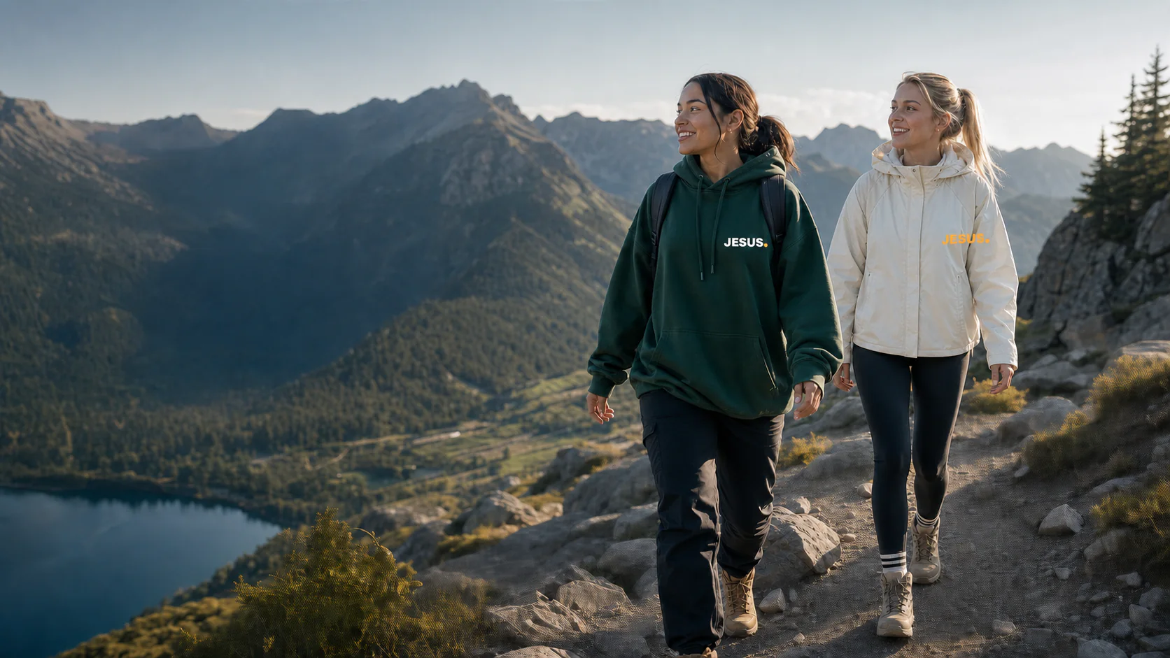 Woman wearing Jesus Period clothing on a hike